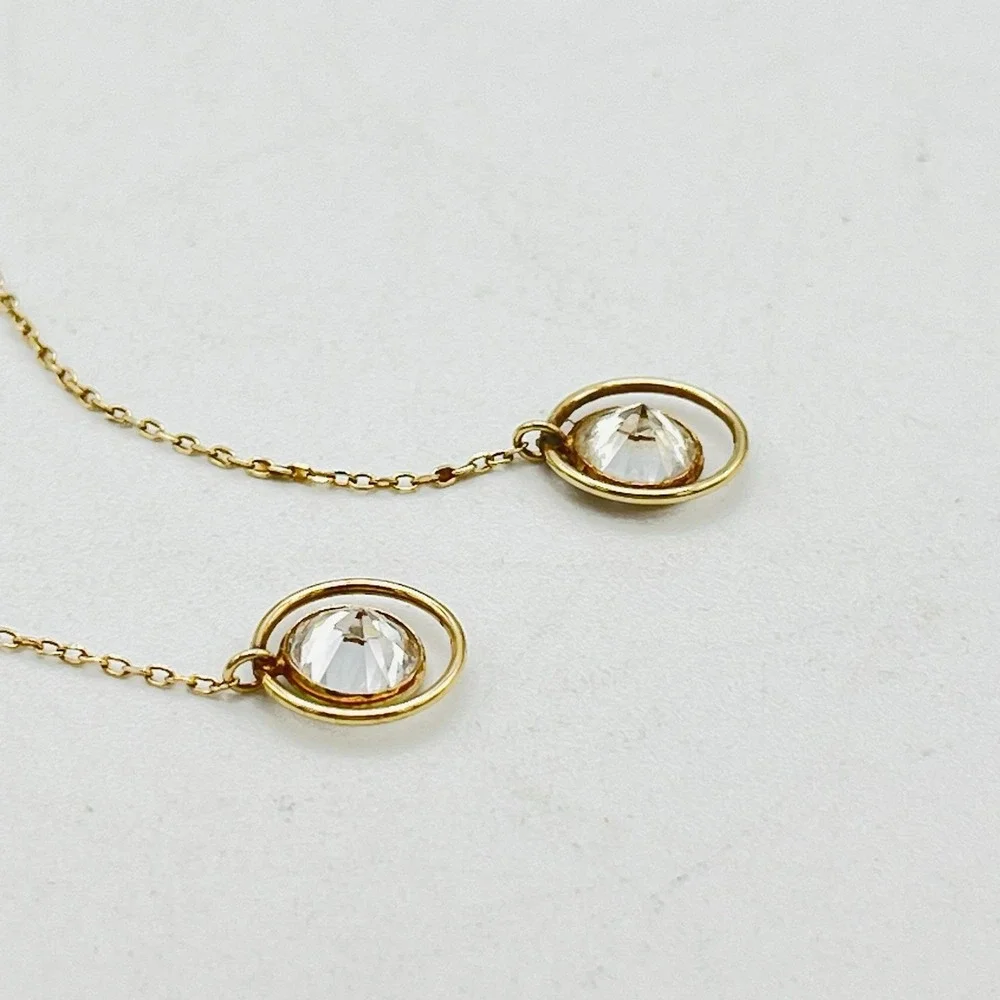 VTG 14K Yellow Gold Threader Earrings Long CZ Crystal Hoop Dangle 3